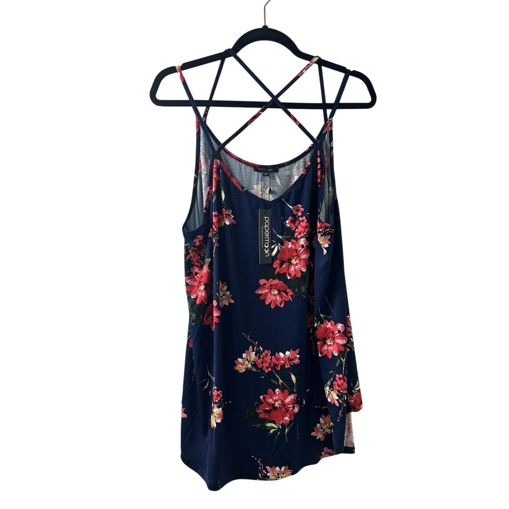 Papermoon‎ Womens 2X Navy Blue Red Floral Strappy Criss Cross Back Camisole